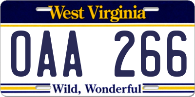 WV license plate OAA266
