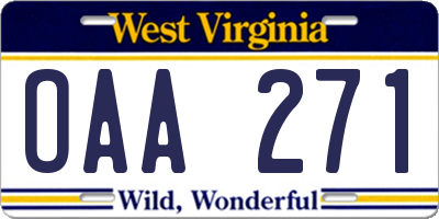 WV license plate OAA271