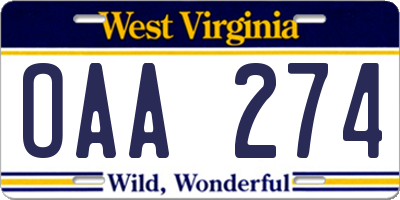 WV license plate OAA274