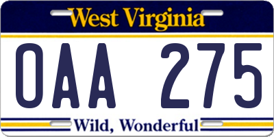 WV license plate OAA275