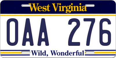 WV license plate OAA276