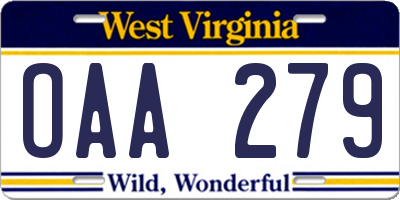 WV license plate OAA279
