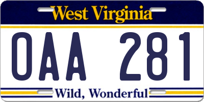 WV license plate OAA281