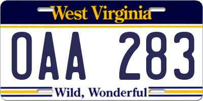 WV license plate OAA283