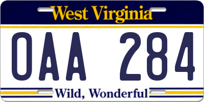 WV license plate OAA284