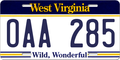WV license plate OAA285