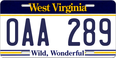 WV license plate OAA289