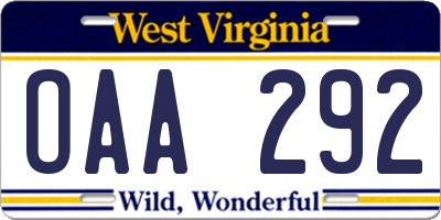 WV license plate OAA292