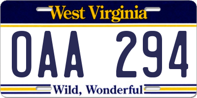WV license plate OAA294