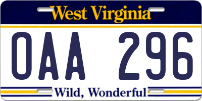 WV license plate OAA296