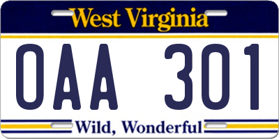 WV license plate OAA301