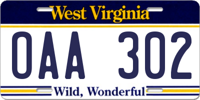 WV license plate OAA302
