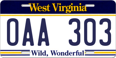 WV license plate OAA303