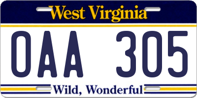 WV license plate OAA305