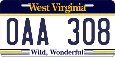 WV license plate OAA308