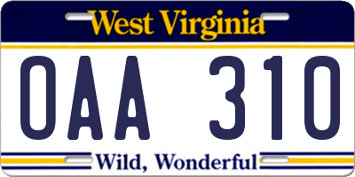 WV license plate OAA310