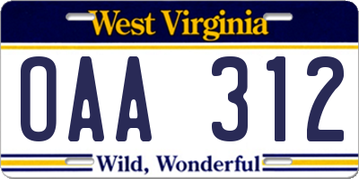 WV license plate OAA312