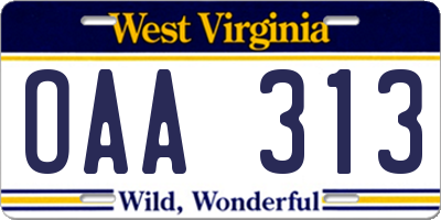 WV license plate OAA313