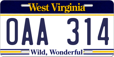 WV license plate OAA314