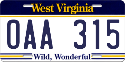 WV license plate OAA315