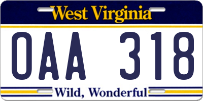 WV license plate OAA318