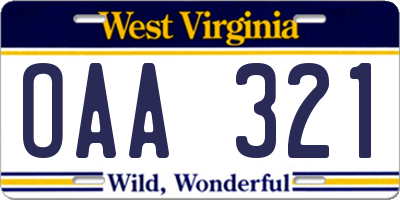 WV license plate OAA321
