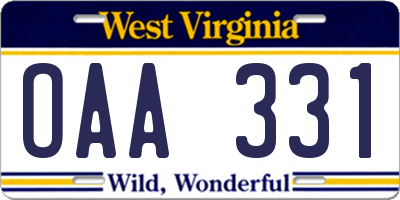 WV license plate OAA331