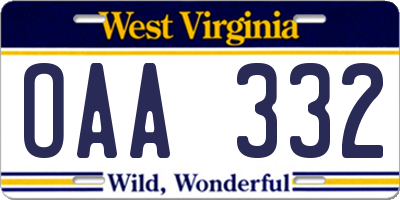 WV license plate OAA332