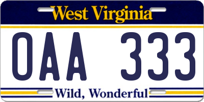 WV license plate OAA333