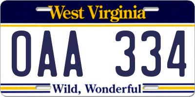 WV license plate OAA334