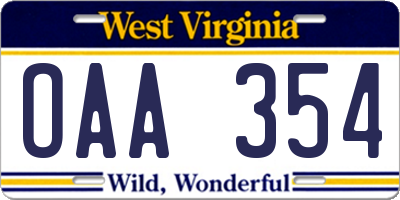 WV license plate OAA354