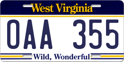 WV license plate OAA355