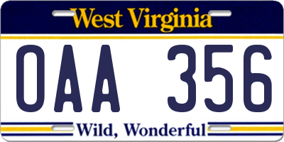 WV license plate OAA356