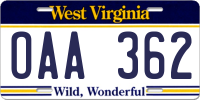 WV license plate OAA362
