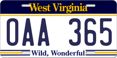 WV license plate OAA365