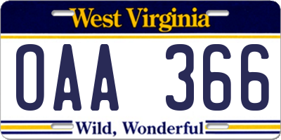WV license plate OAA366