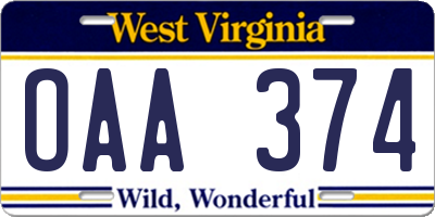 WV license plate OAA374