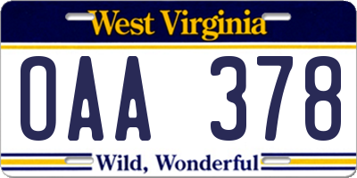 WV license plate OAA378
