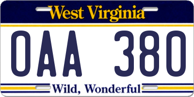 WV license plate OAA380