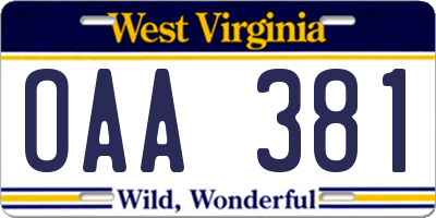 WV license plate OAA381