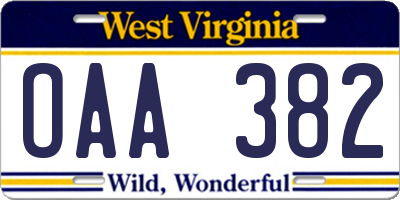 WV license plate OAA382