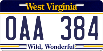 WV license plate OAA384