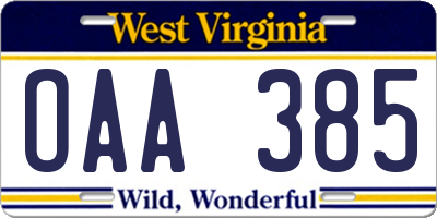 WV license plate OAA385