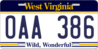 WV license plate OAA386
