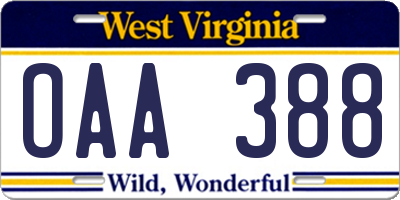 WV license plate OAA388