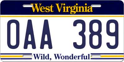 WV license plate OAA389