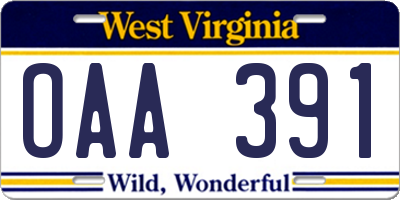 WV license plate OAA391
