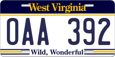 WV license plate OAA392