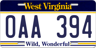 WV license plate OAA394