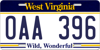 WV license plate OAA396
